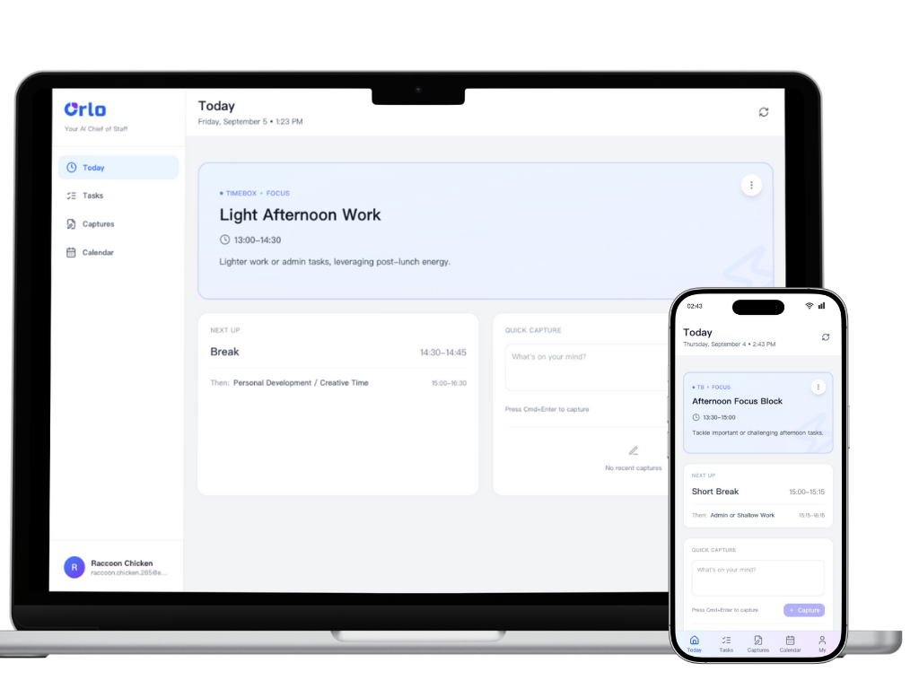 Orlo running on iPhone, Android, and Desktop devices