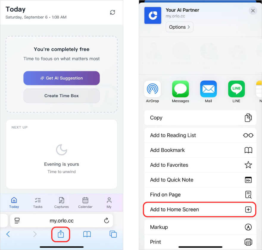 iOS installation steps showing Safari share menu with Add to Home Screen option